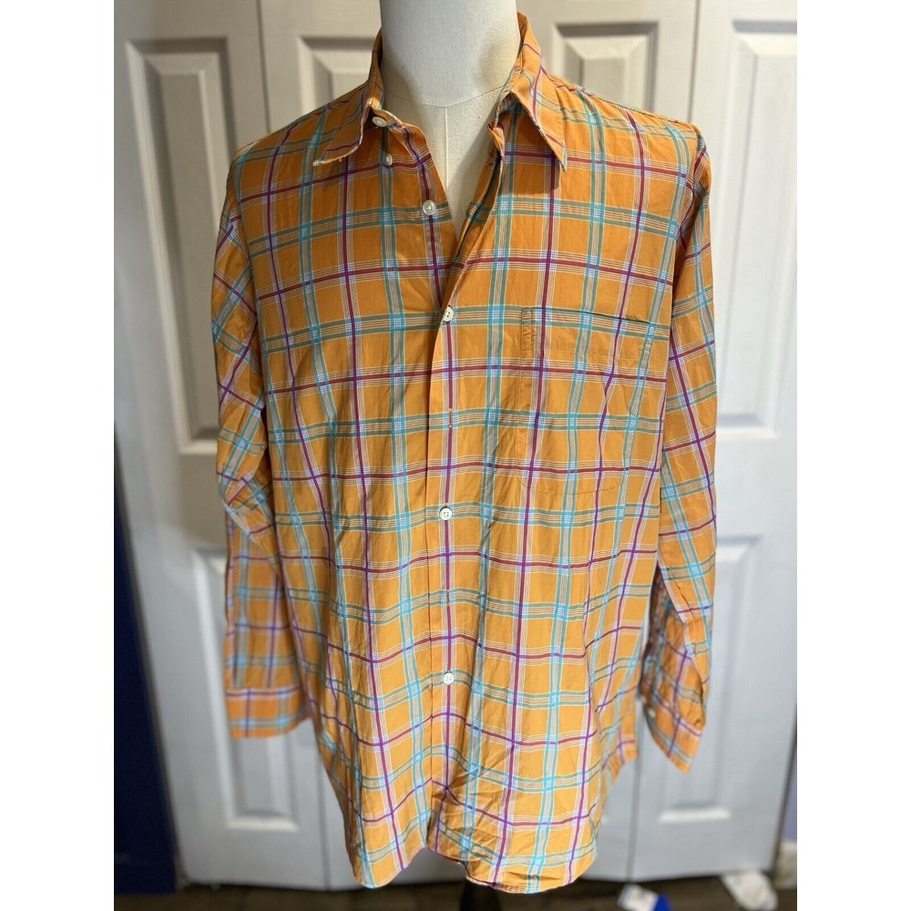 Paul Frederick Button Up Sport Shirt Orange‎ Blue Plaid Large Long Sleeve